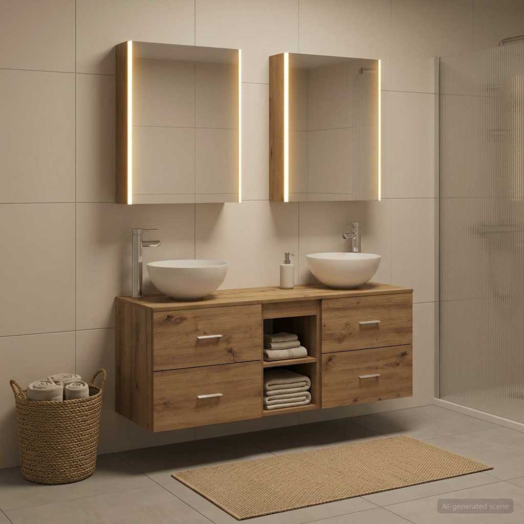 Badkamermeubelset 5 st Artisanaal eiken Bewerkt hout en glas is nu te koop bij PeponiXL, paradijselijk wonen!