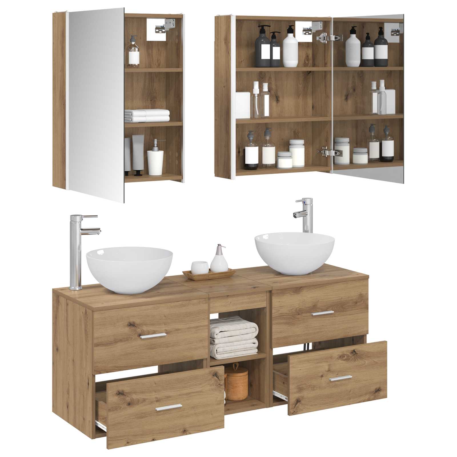 Badkamermeubelset 5 st Artisanaal eiken Bewerkt hout en glas is nu te koop bij PeponiXL, paradijselijk wonen!