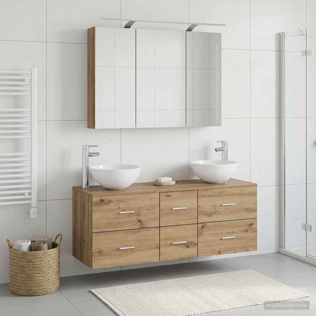 Badkamermeubelset 4 st Artisanaal eiken Bewerkt hout en glas is nu te koop bij PeponiXL, paradijselijk wonen!