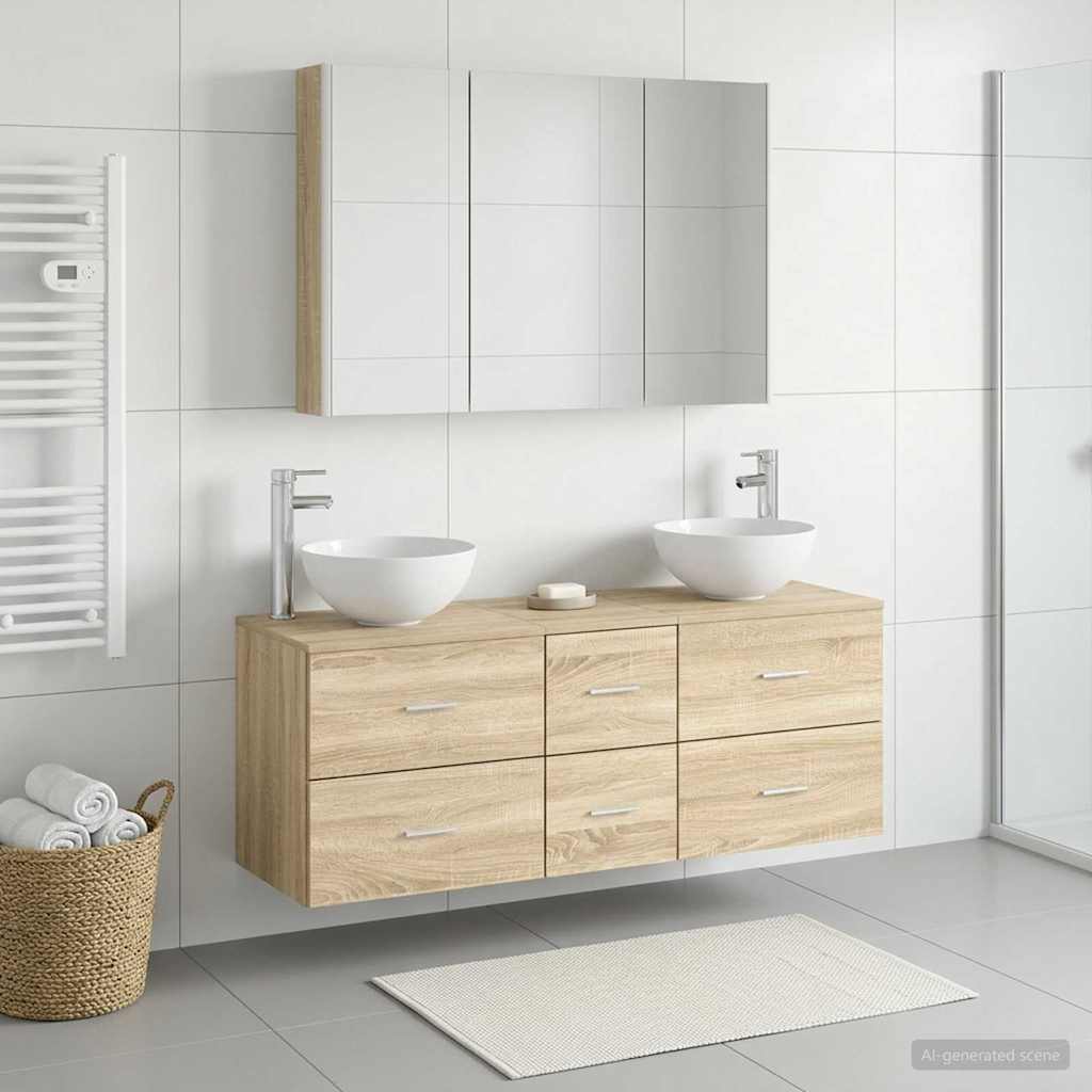 Badkamermeubelset 4 pcs Sonoma Eiken Bewerkt hout en glas