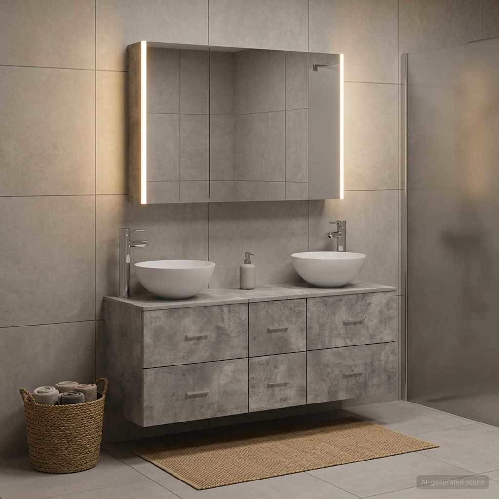 Badkamermeubelset 4 pcs Betongrijs Bewerkt hout en glas