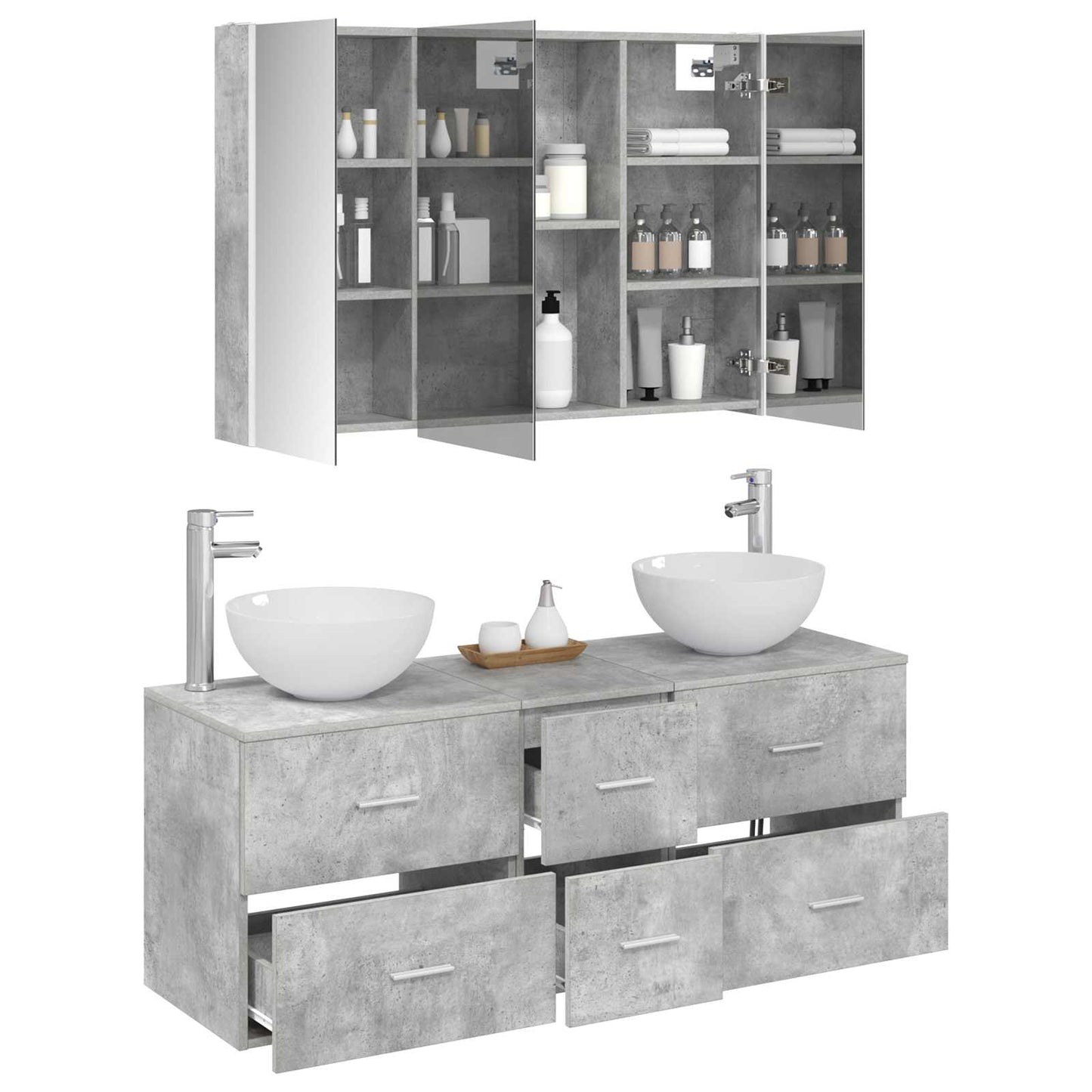 Badkamermeubelset 4 pcs Betongrijs Bewerkt hout en glas