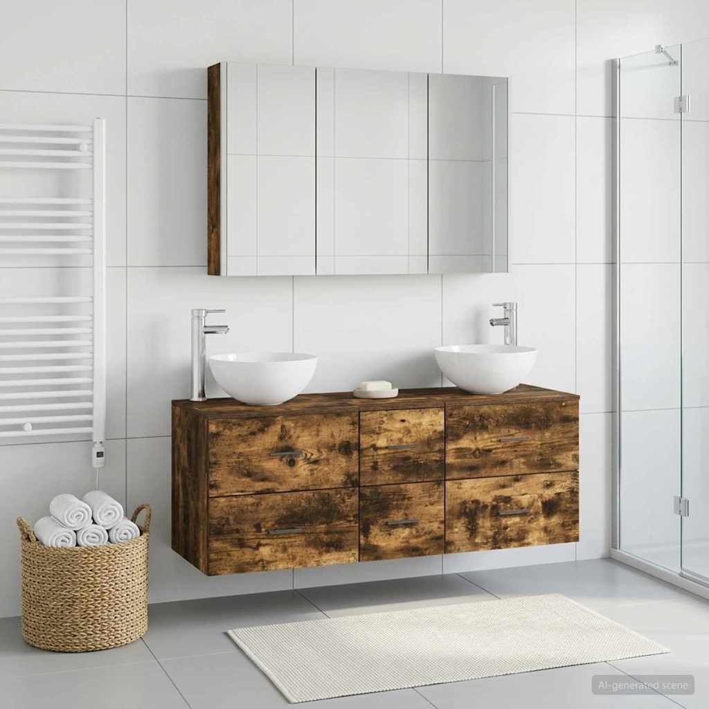 Badkamermeubelset 4 pcs Gerookt eiken Bewerkt hout en glas