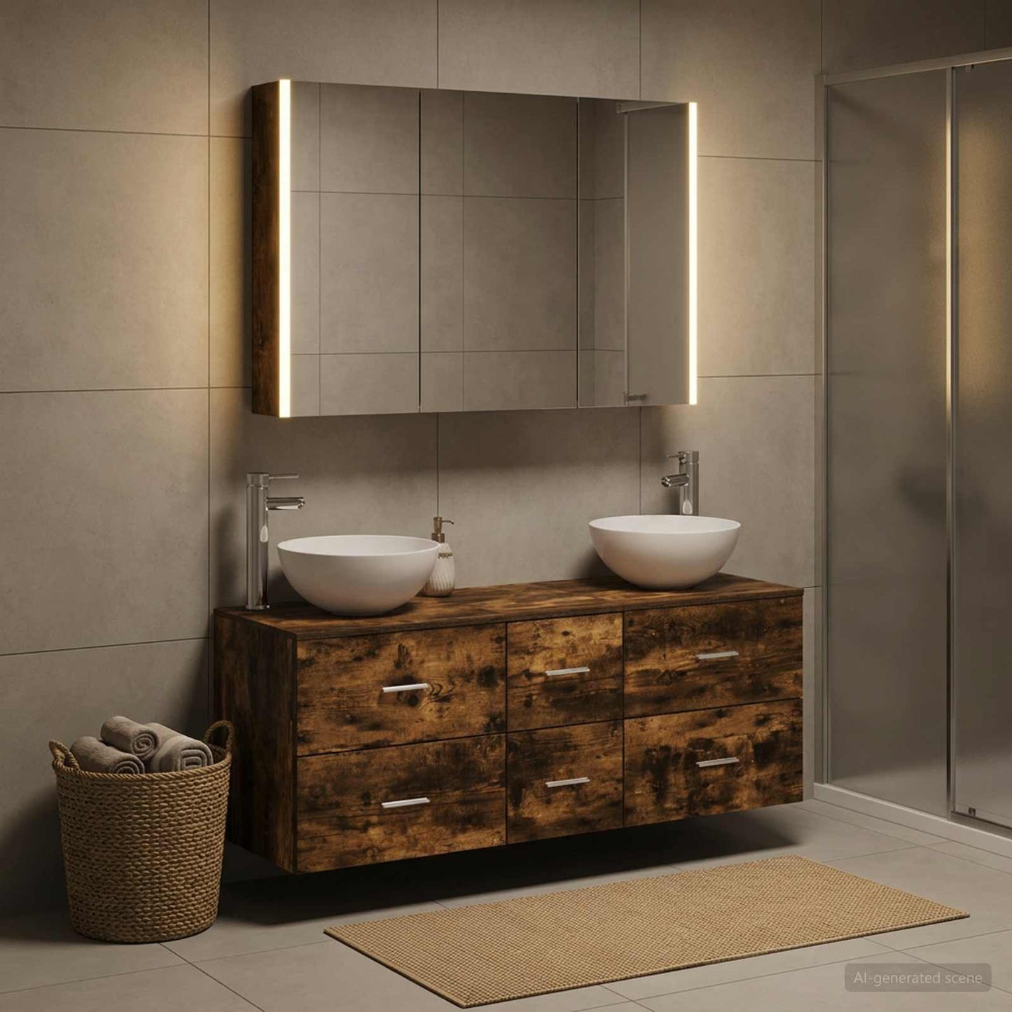 Badkamermeubelset 4 pcs Gerookt eiken Bewerkt hout en glas