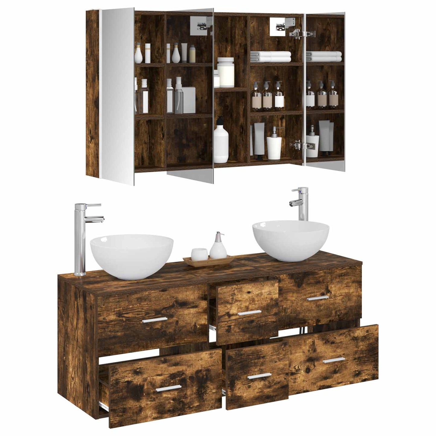 Badkamermeubelset 4 pcs Gerookt eiken Bewerkt hout en glas