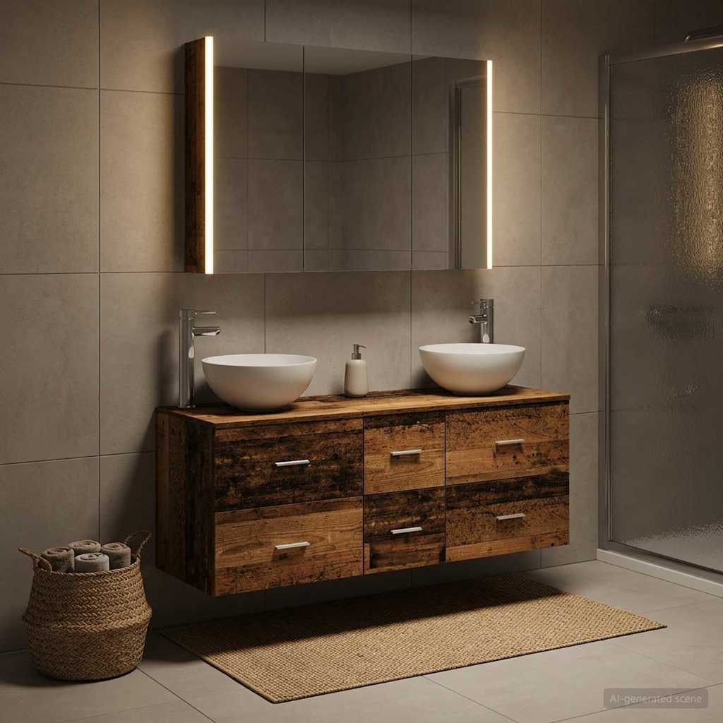 Badkamermeubelset 4 pcs Oud hout Bewerkt hout en glas