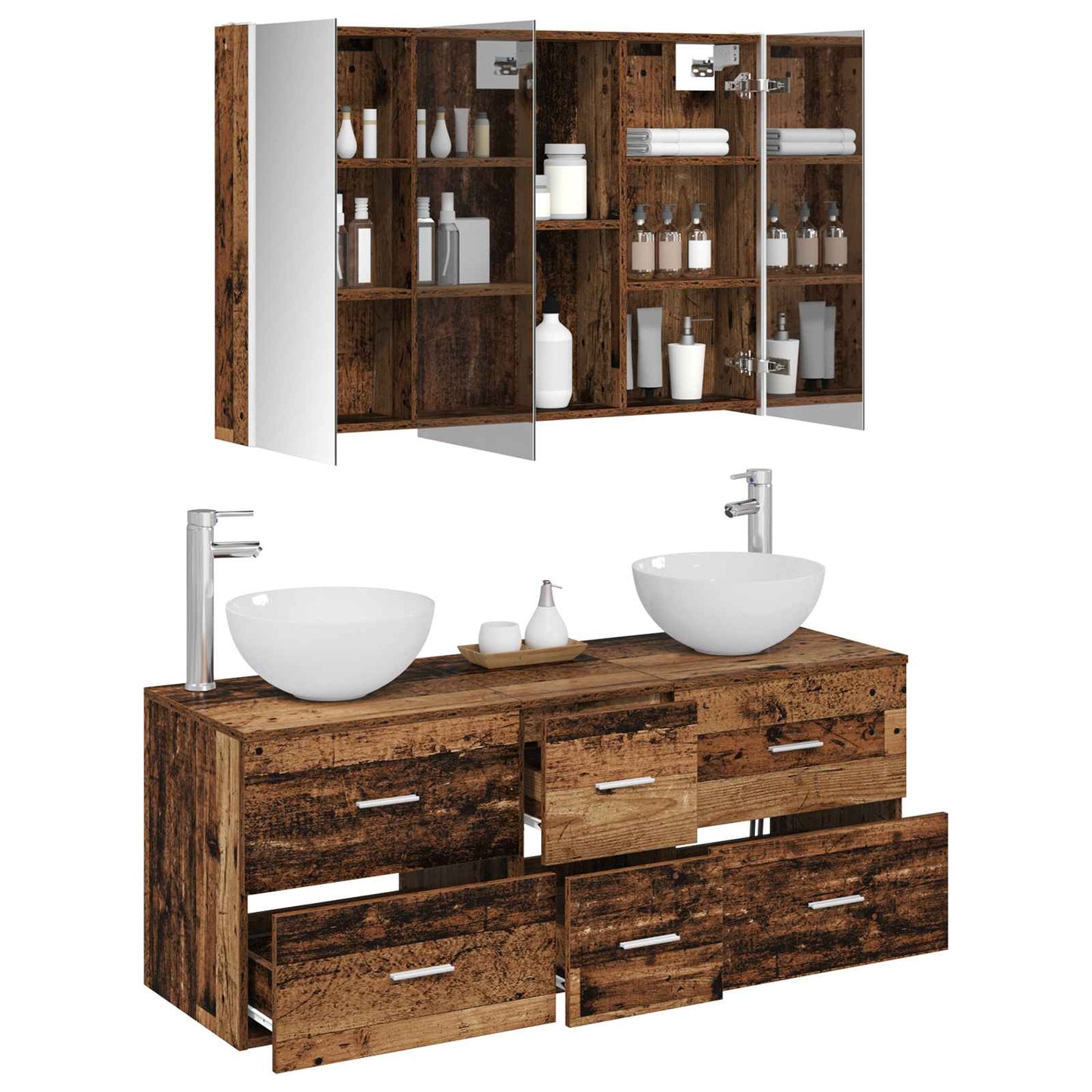 Badkamermeubelset 4 pcs Oud hout Bewerkt hout en glas
