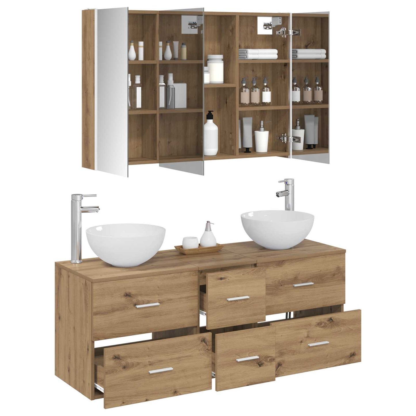 Badkamermeubelset 4 pcs Artisanaal eiken Bewerkt hout en glas