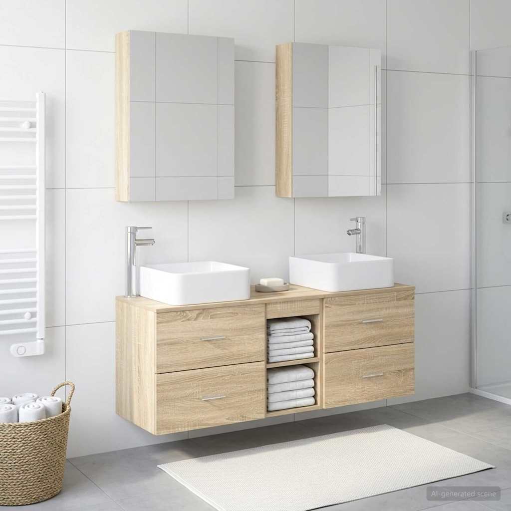 Badkamermeubelset 5 pcs Sonoma Eiken Bewerkt hout en glas