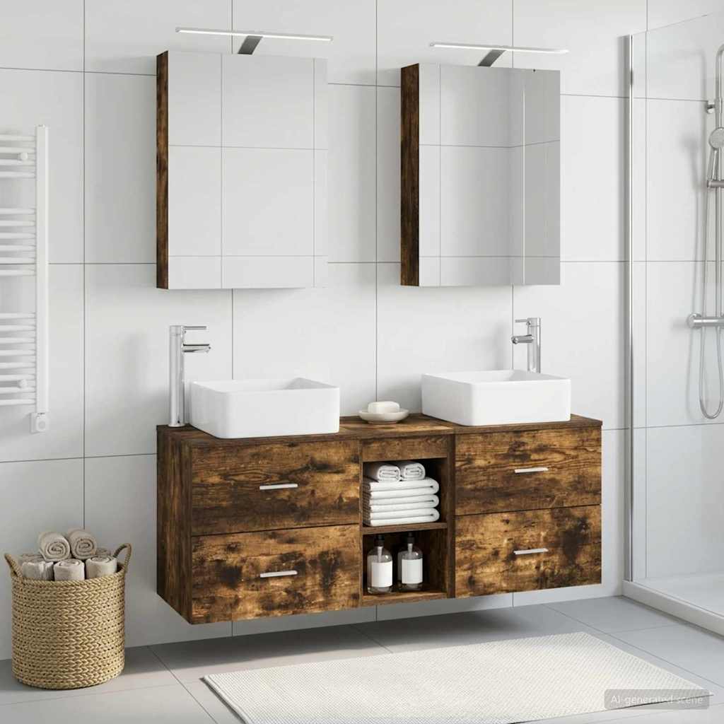 Badkamermeubelset 5 pcs Gerookt eiken Bewerkt hout en glas