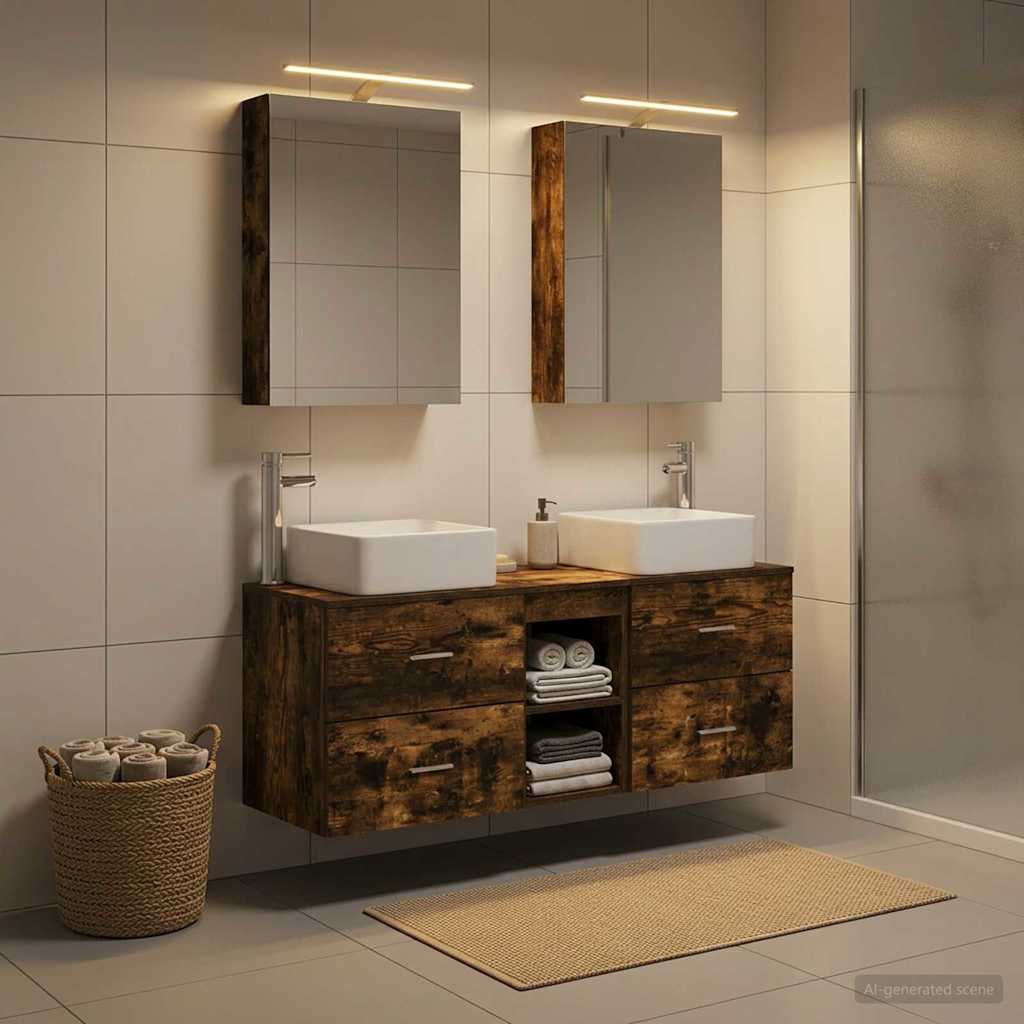 Badkamermeubelset 5 pcs Gerookt eiken Bewerkt hout en glas