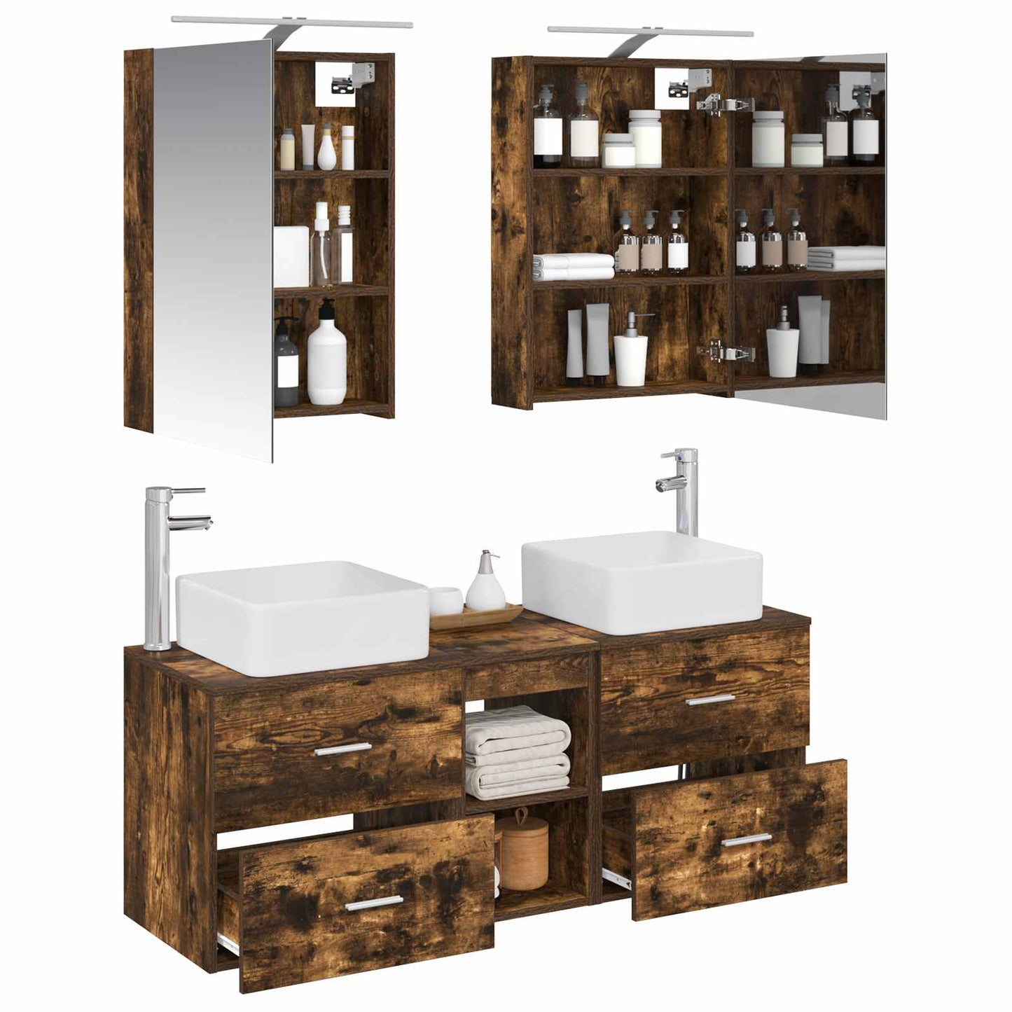 Badkamermeubelset 5 pcs Gerookt eiken Bewerkt hout en glas