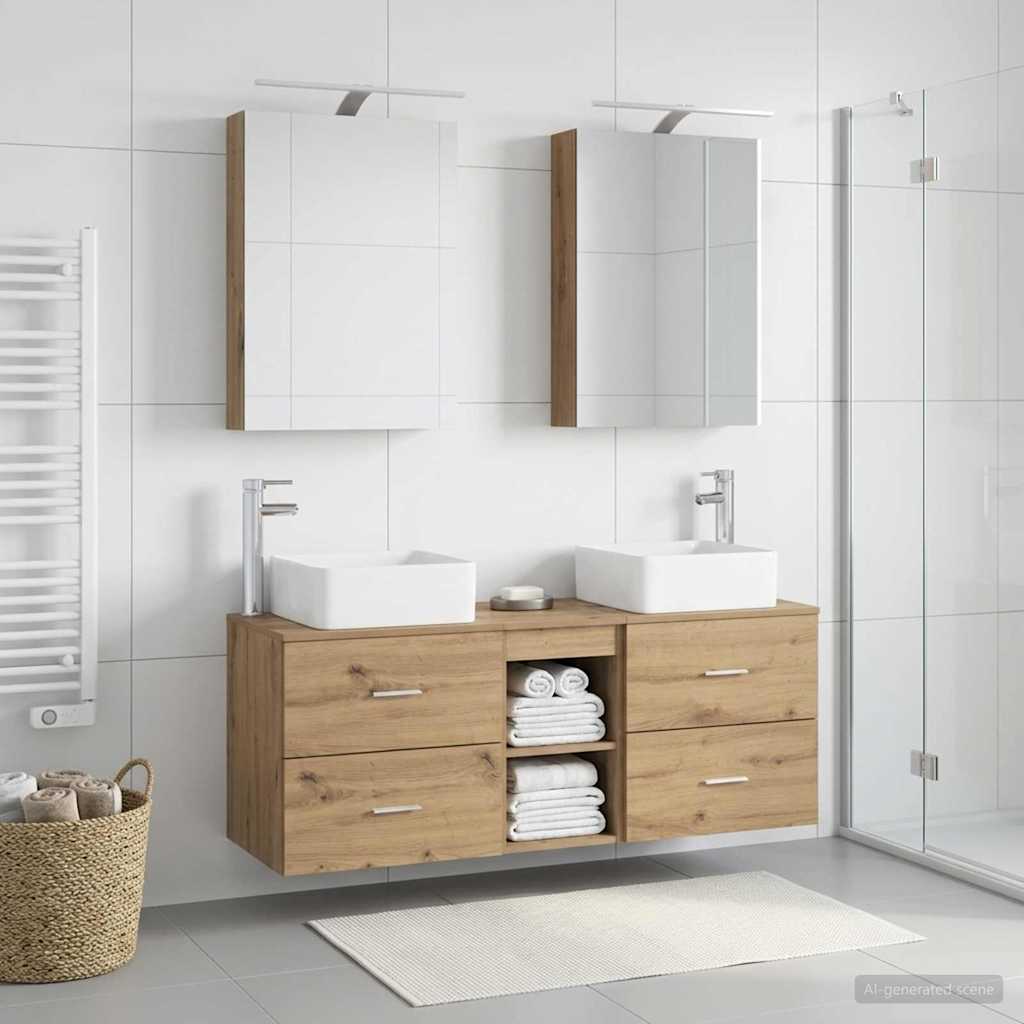 Badkamermeubelset 5 st Artisanaal eiken Bewerkt hout en glas is nu te koop bij PeponiXL, paradijselijk wonen!