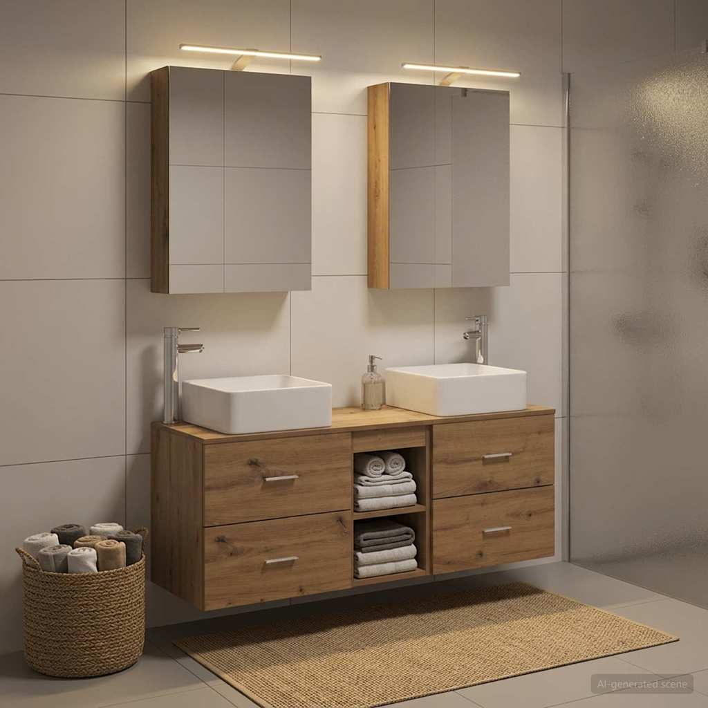 Badkamermeubelset 5 st Artisanaal eiken Bewerkt hout en glas is nu te koop bij PeponiXL, paradijselijk wonen!