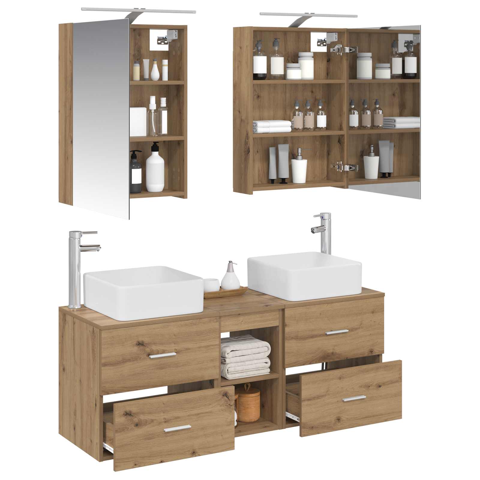 Badkamermeubelset 5 st Artisanaal eiken Bewerkt hout en glas is nu te koop bij PeponiXL, paradijselijk wonen!
