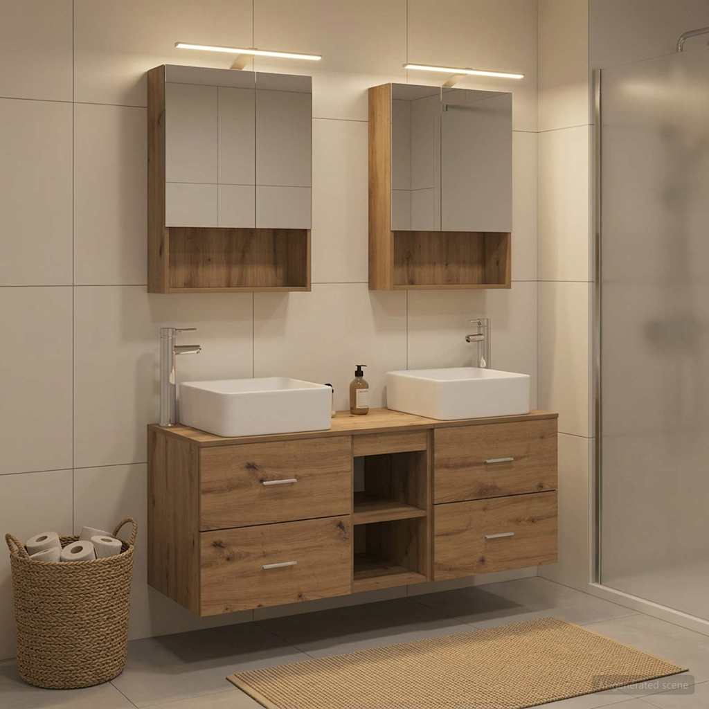Badkamermeubelset 5 st Artisanaal eiken Bewerkt hout en glas is nu te koop bij PeponiXL, paradijselijk wonen!