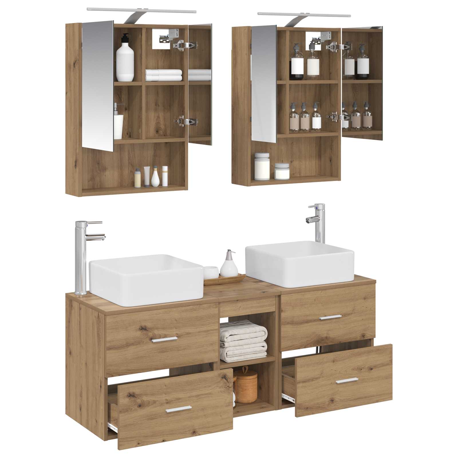Badkamermeubelset 5 st Artisanaal eiken Bewerkt hout en glas is nu te koop bij PeponiXL, paradijselijk wonen!