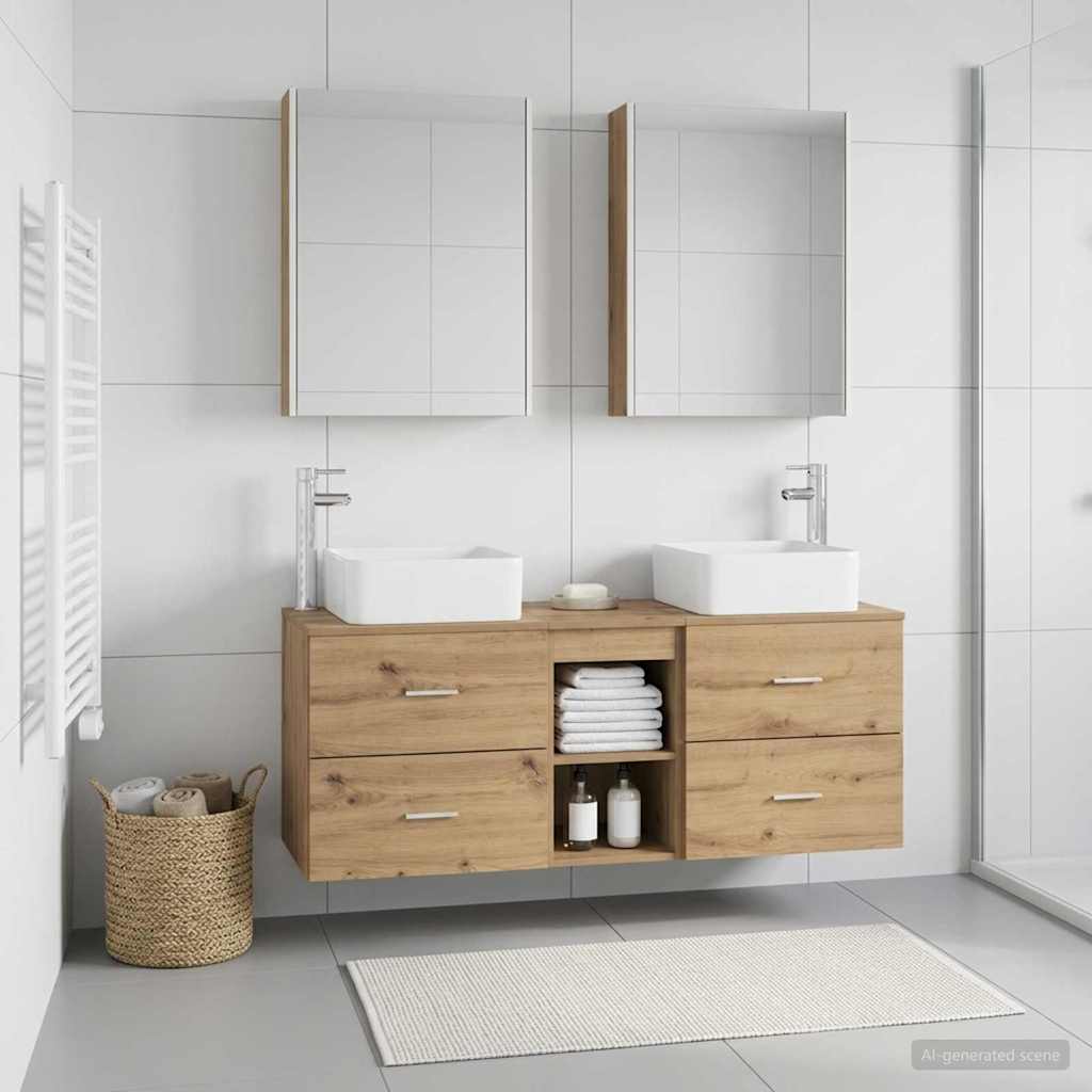 Badkamermeubelset 5 st Artisanaal eiken Bewerkt hout en glas is nu te koop bij PeponiXL, paradijselijk wonen!