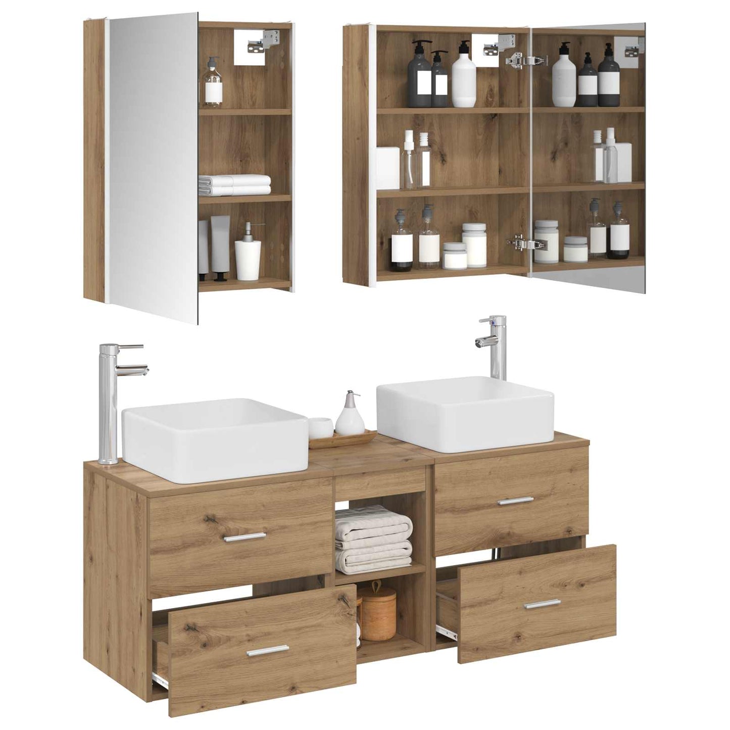 Badkamermeubelset 5 st Artisanaal eiken Bewerkt hout en glas is nu te koop bij PeponiXL, paradijselijk wonen!