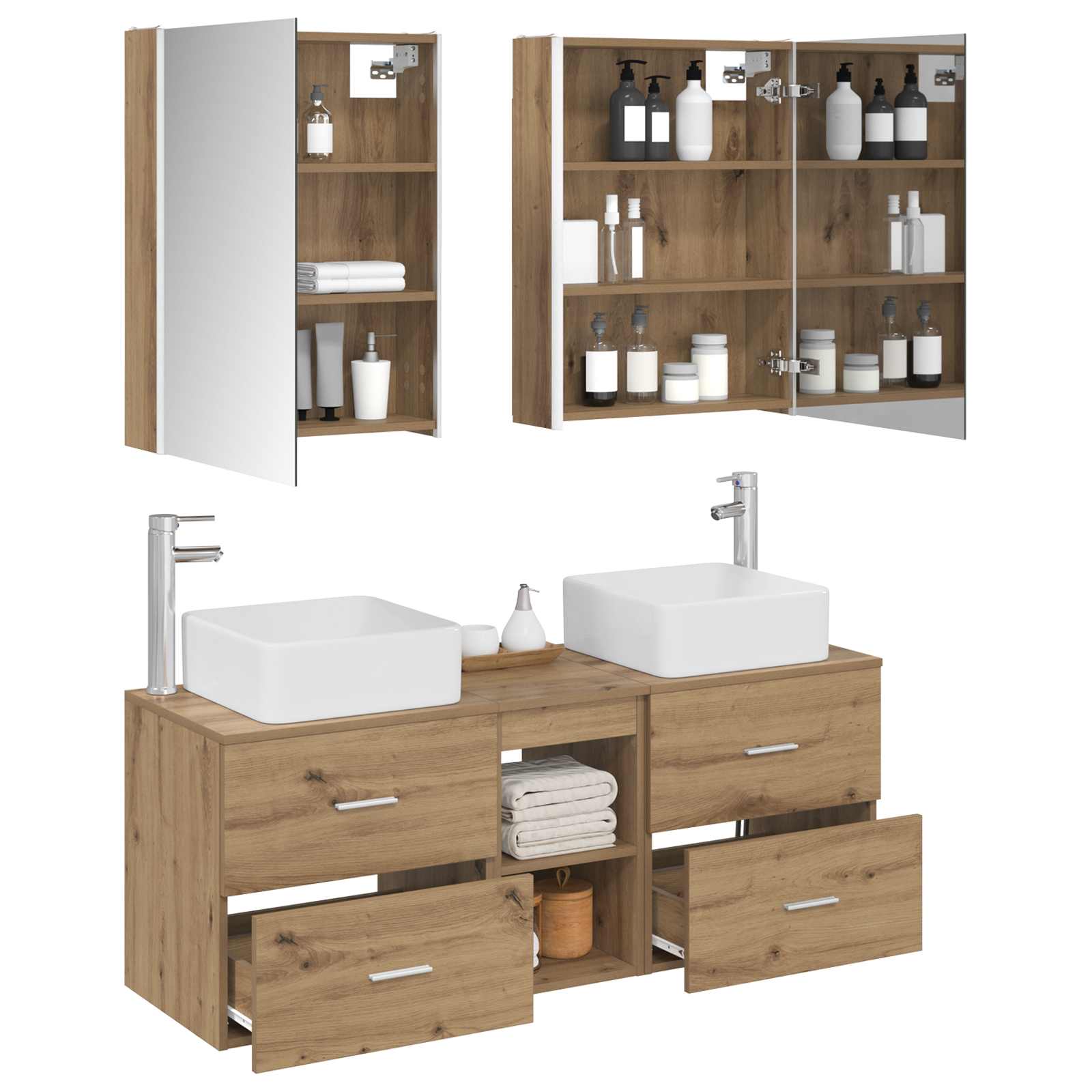 Badkamermeubelset 5 st Artisanaal eiken Bewerkt hout en glas is nu te koop bij PeponiXL, paradijselijk wonen!