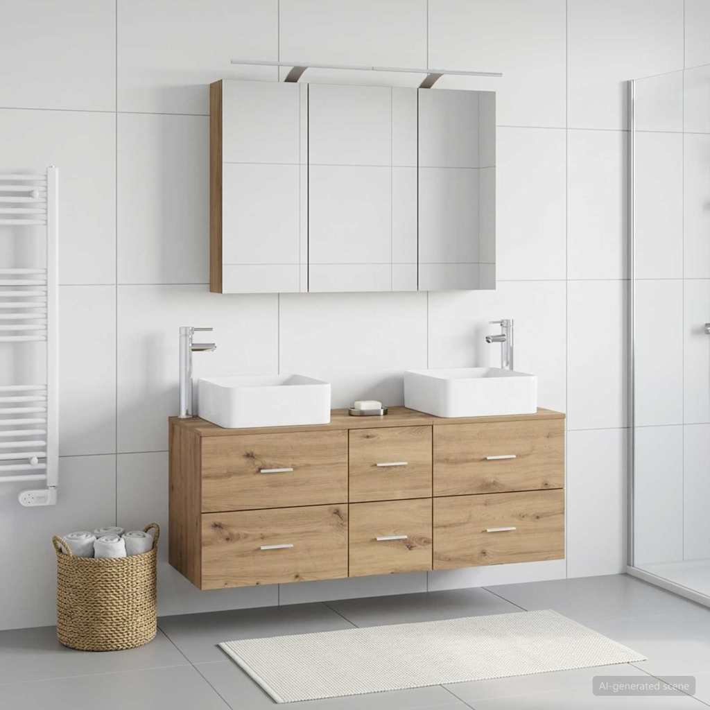 Badkamermeubelset 4 st Artisanaal eiken Bewerkt hout en glas is nu te koop bij PeponiXL, paradijselijk wonen!