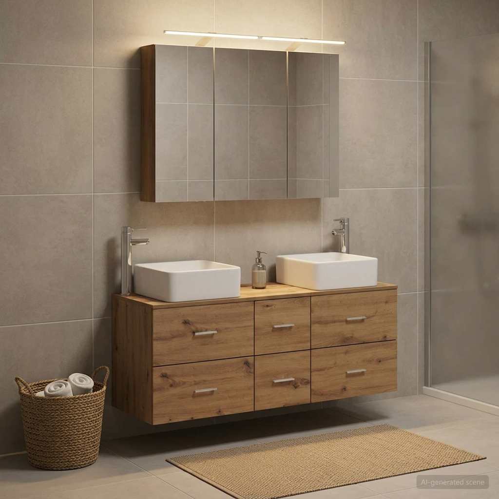 Badkamermeubelset 4 st Artisanaal eiken Bewerkt hout en glas is nu te koop bij PeponiXL, paradijselijk wonen!