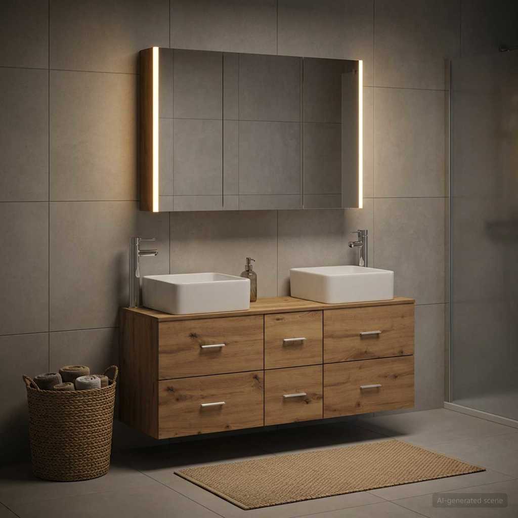 Badkamermeubelset 4 st Artisanaal eiken Bewerkt hout en glas is nu te koop bij PeponiXL, paradijselijk wonen!