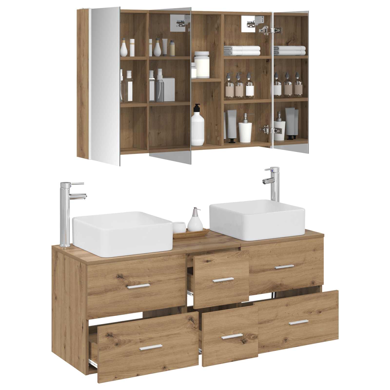Badkamermeubelset 4 st Artisanaal eiken Bewerkt hout en glas is nu te koop bij PeponiXL, paradijselijk wonen!