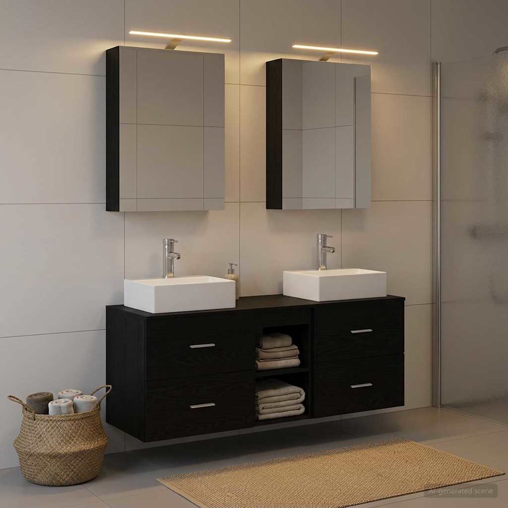 Badkamermeubelset 5 pcs Zwart eiken Bewerkt hout en glas is nu te koop bij PeponiXL, paradijselijk wonen!