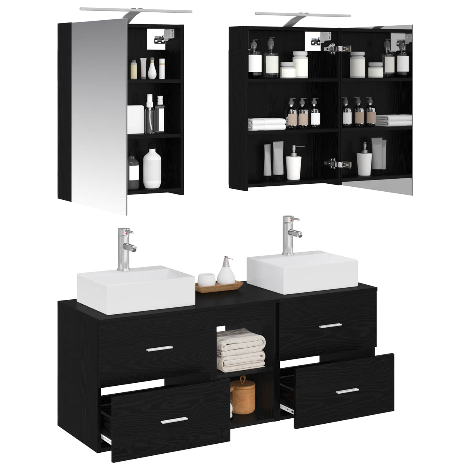 Badkamermeubelset 5 pcs Zwart eiken Bewerkt hout en glas is nu te koop bij PeponiXL, paradijselijk wonen!