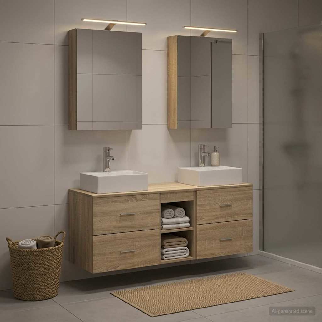 Badkamermeubelset 5 pcs Sonoma Eiken Bewerkt hout en glas is nu te koop bij PeponiXL, paradijselijk wonen!