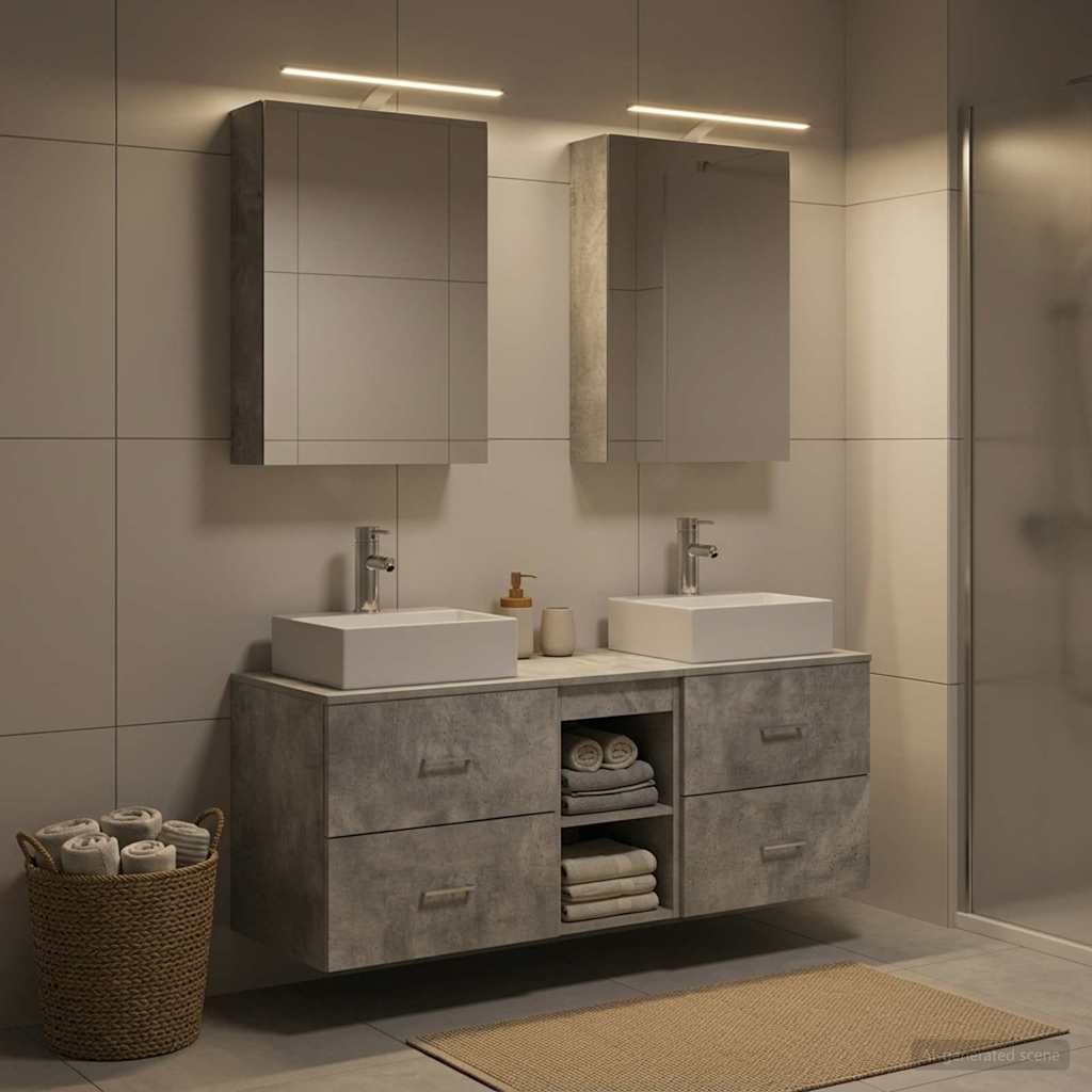 Badkamermeubelset 5 pcs Betongrijs Bewerkt hout en glas is nu te koop bij PeponiXL, paradijselijk wonen!