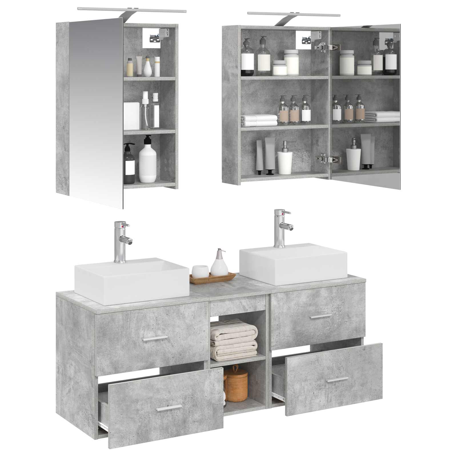 Badkamermeubelset 5 pcs Betongrijs Bewerkt hout en glas is nu te koop bij PeponiXL, paradijselijk wonen!