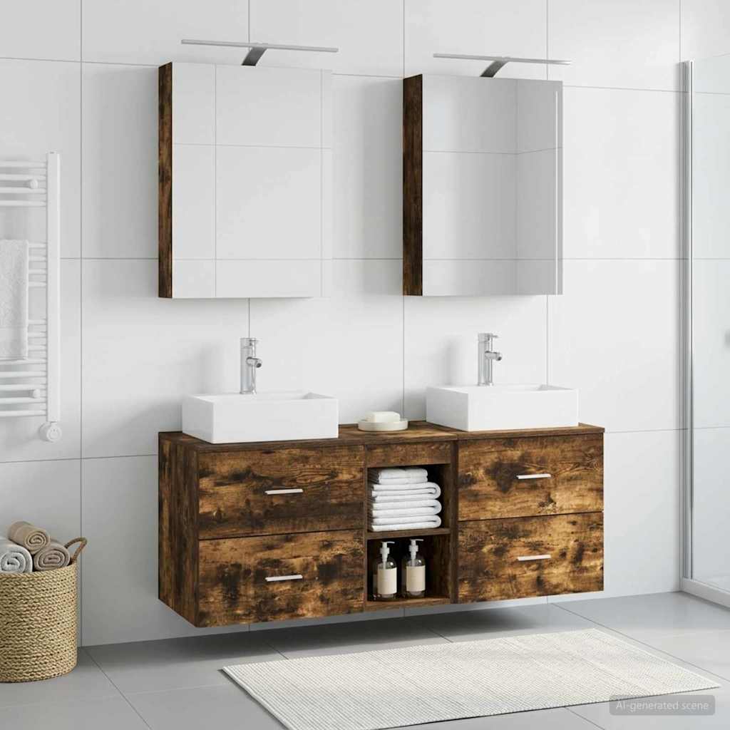 Badkamermeubelset 5 pcs Gerookt eiken Bewerkt hout en glas is nu te koop bij PeponiXL, paradijselijk wonen!