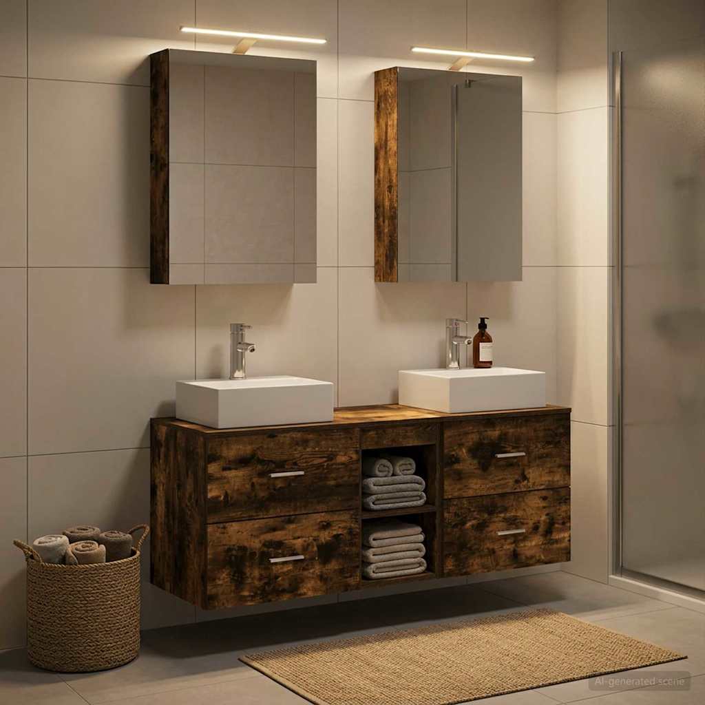 Badkamermeubelset 5 pcs Gerookt eiken Bewerkt hout en glas is nu te koop bij PeponiXL, paradijselijk wonen!
