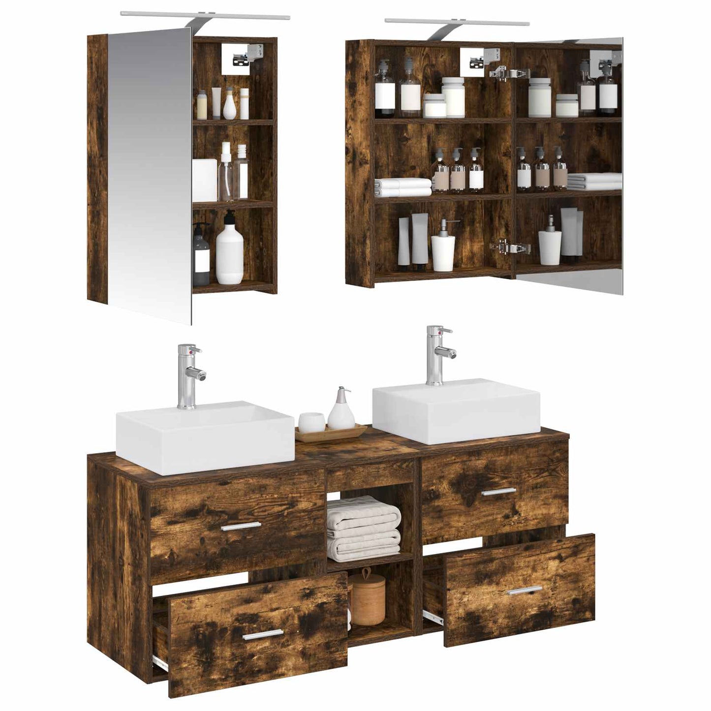 Badkamermeubelset 5 pcs Gerookt eiken Bewerkt hout en glas is nu te koop bij PeponiXL, paradijselijk wonen!