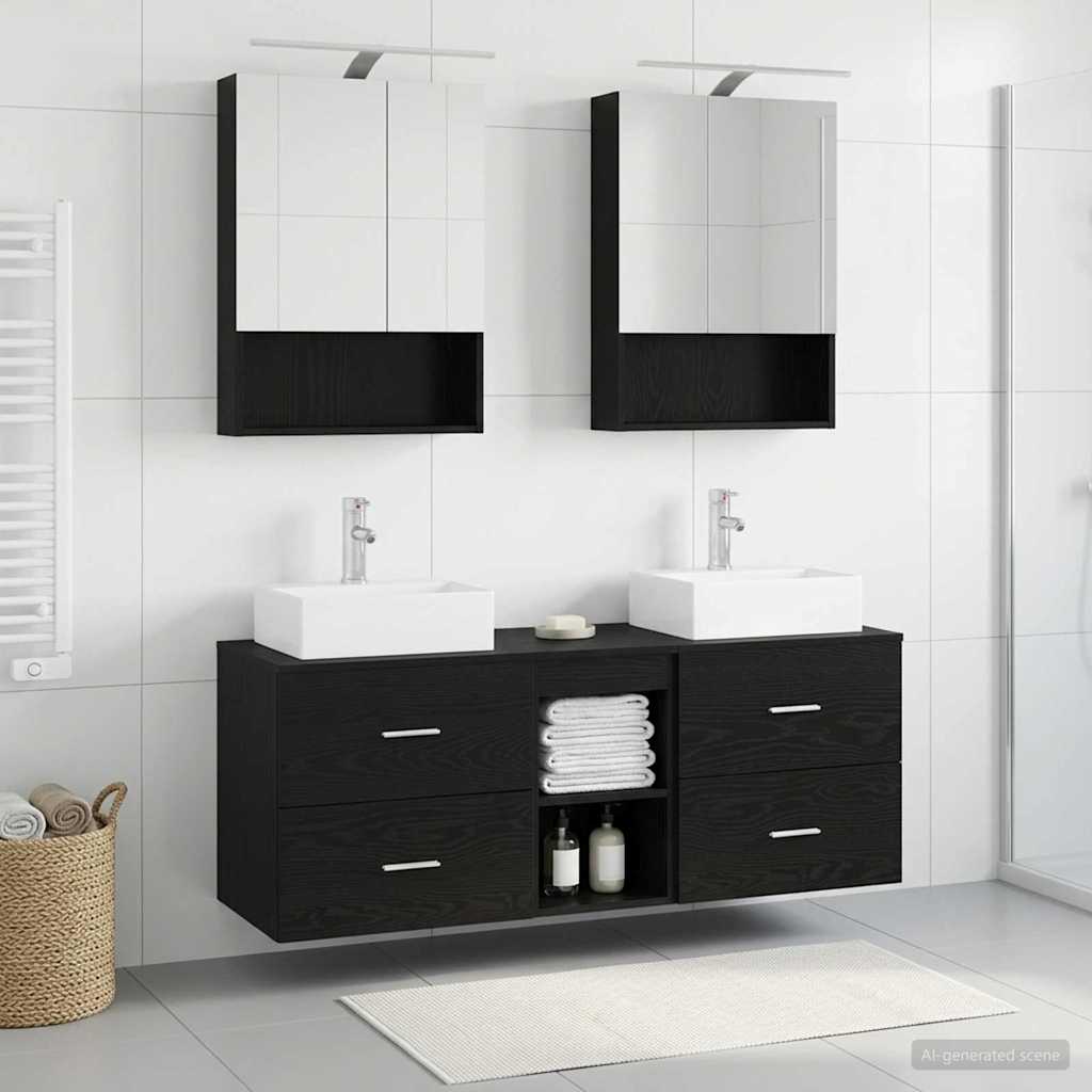 Badkamermeubelset 5 pcs Zwart eiken Bewerkt hout en glas is nu te koop bij PeponiXL, paradijselijk wonen!