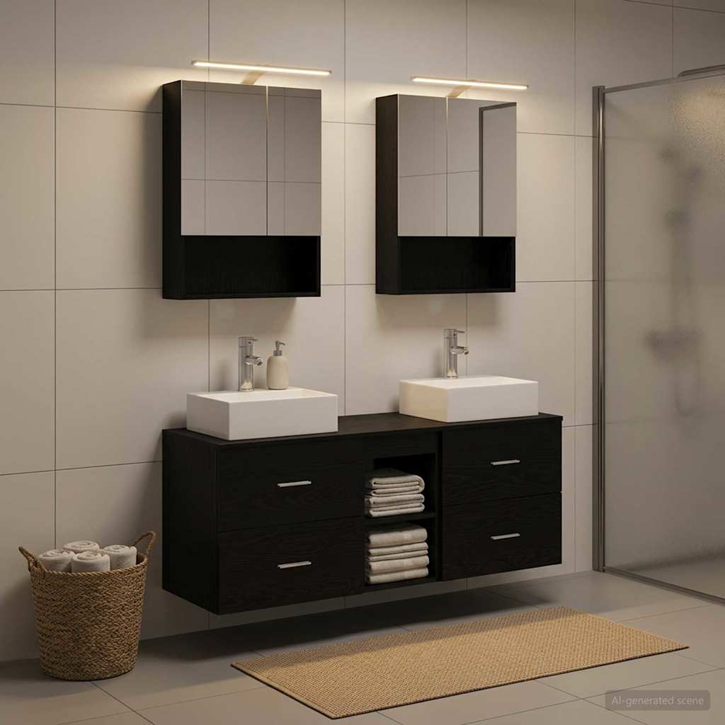 Badkamermeubelset 5 pcs Zwart eiken Bewerkt hout en glas is nu te koop bij PeponiXL, paradijselijk wonen!