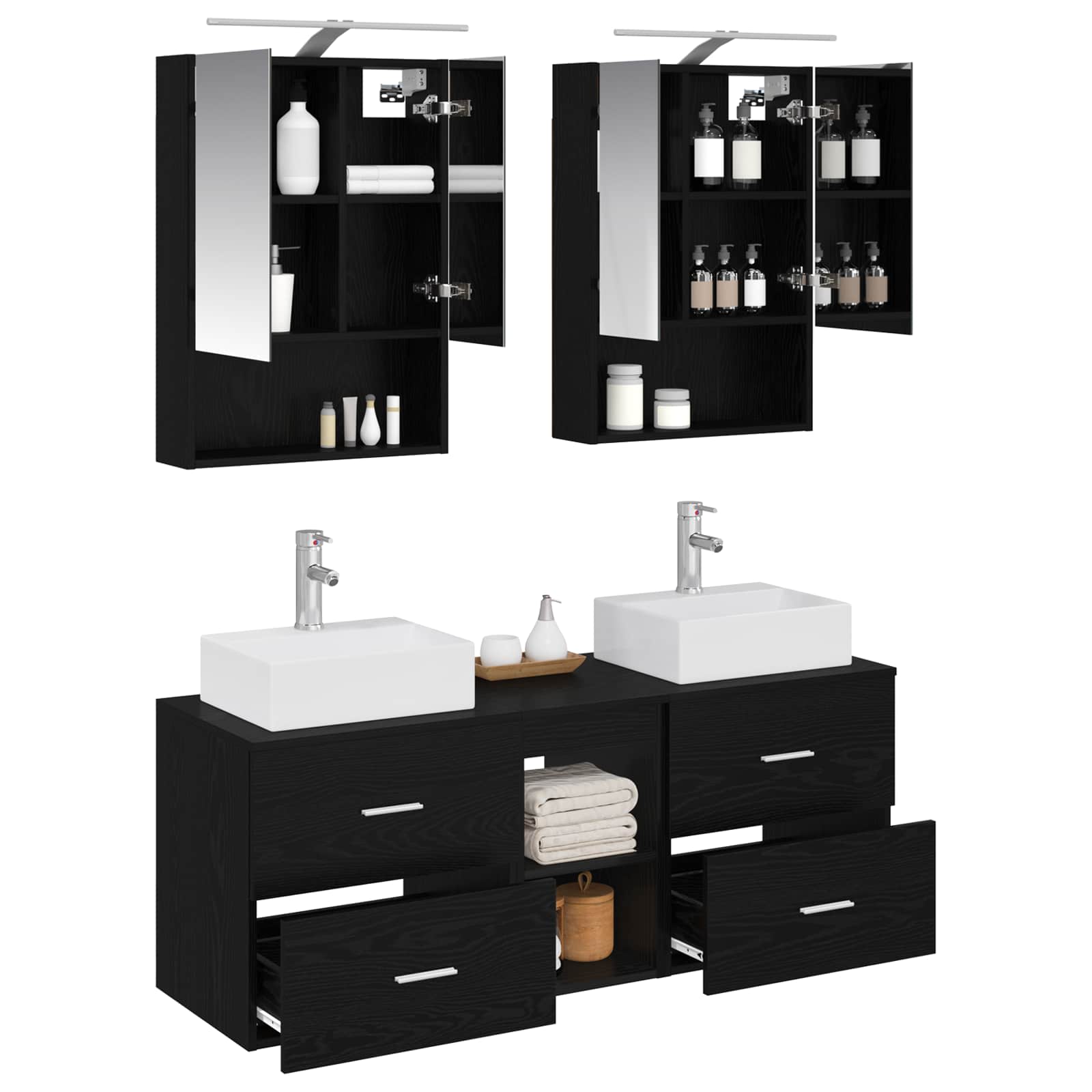 Badkamermeubelset 5 pcs Zwart eiken Bewerkt hout en glas is nu te koop bij PeponiXL, paradijselijk wonen!