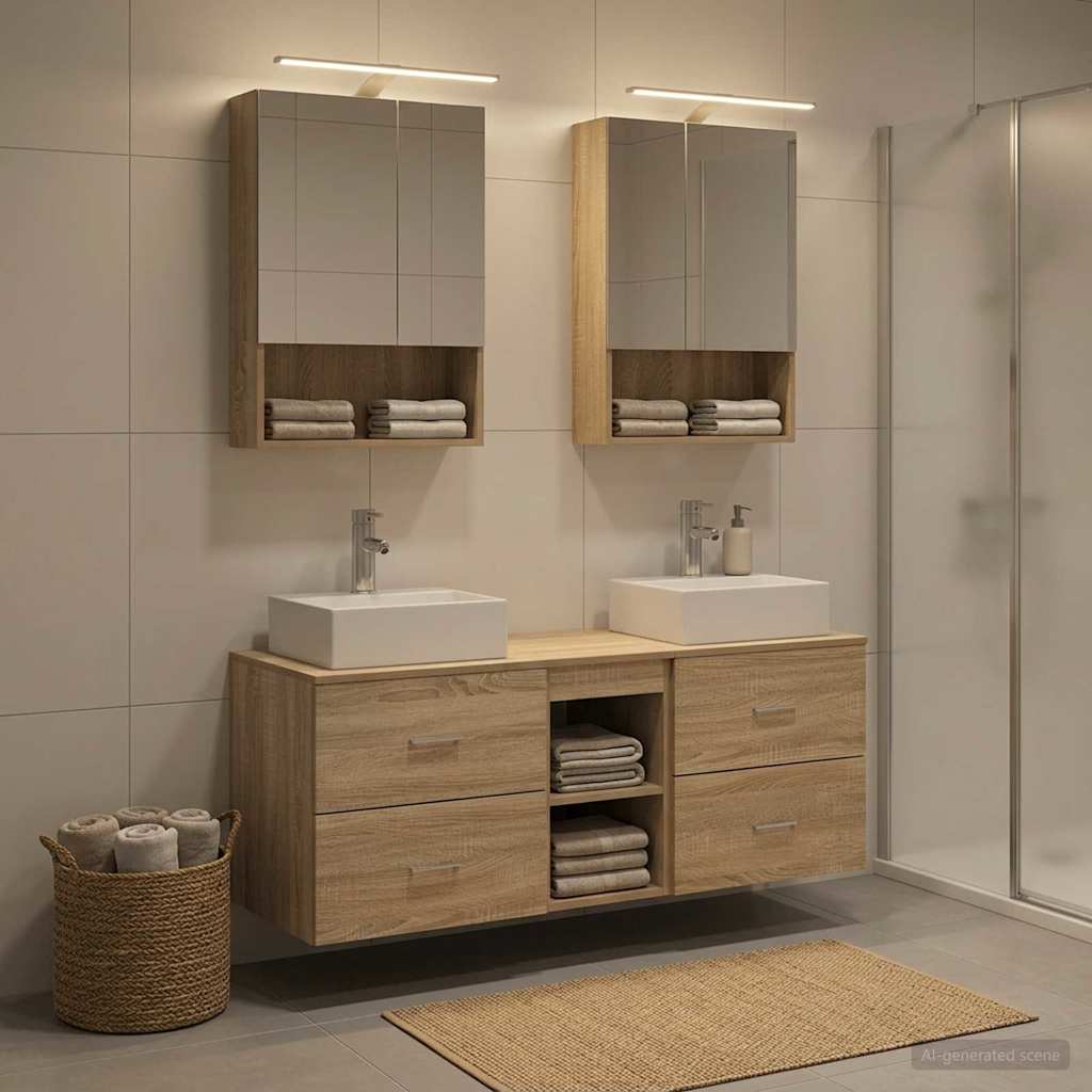 Badkamermeubelset 5 pcs Sonoma Eiken Bewerkt hout en glas is nu te koop bij PeponiXL, paradijselijk wonen!