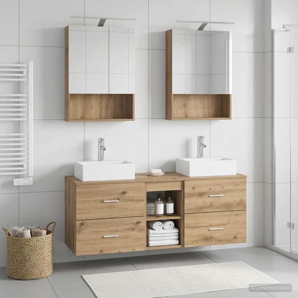 Badkamermeubelset 5 st Artisanaal eiken Bewerkt hout en glas is nu te koop bij PeponiXL, paradijselijk wonen!