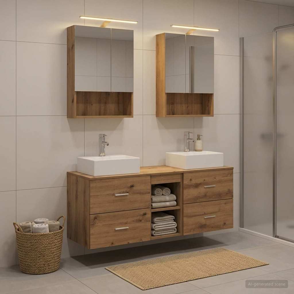Badkamermeubelset 5 st Artisanaal eiken Bewerkt hout en glas is nu te koop bij PeponiXL, paradijselijk wonen!
