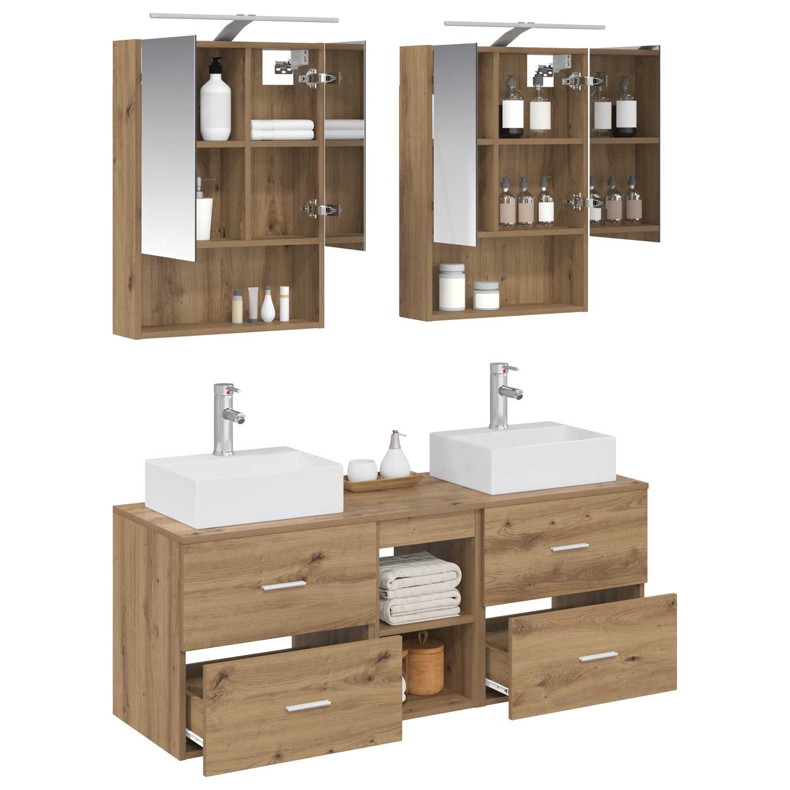 Badkamermeubelset 5 st Artisanaal eiken Bewerkt hout en glas is nu te koop bij PeponiXL, paradijselijk wonen!