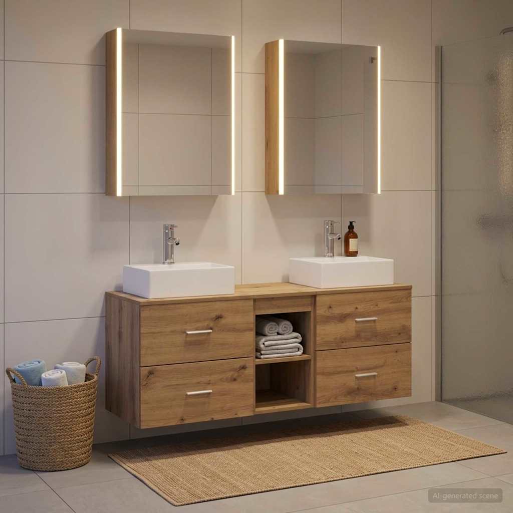 Badkamermeubelset 5 st Artisanaal eiken Bewerkt hout en glas is nu te koop bij PeponiXL, paradijselijk wonen!