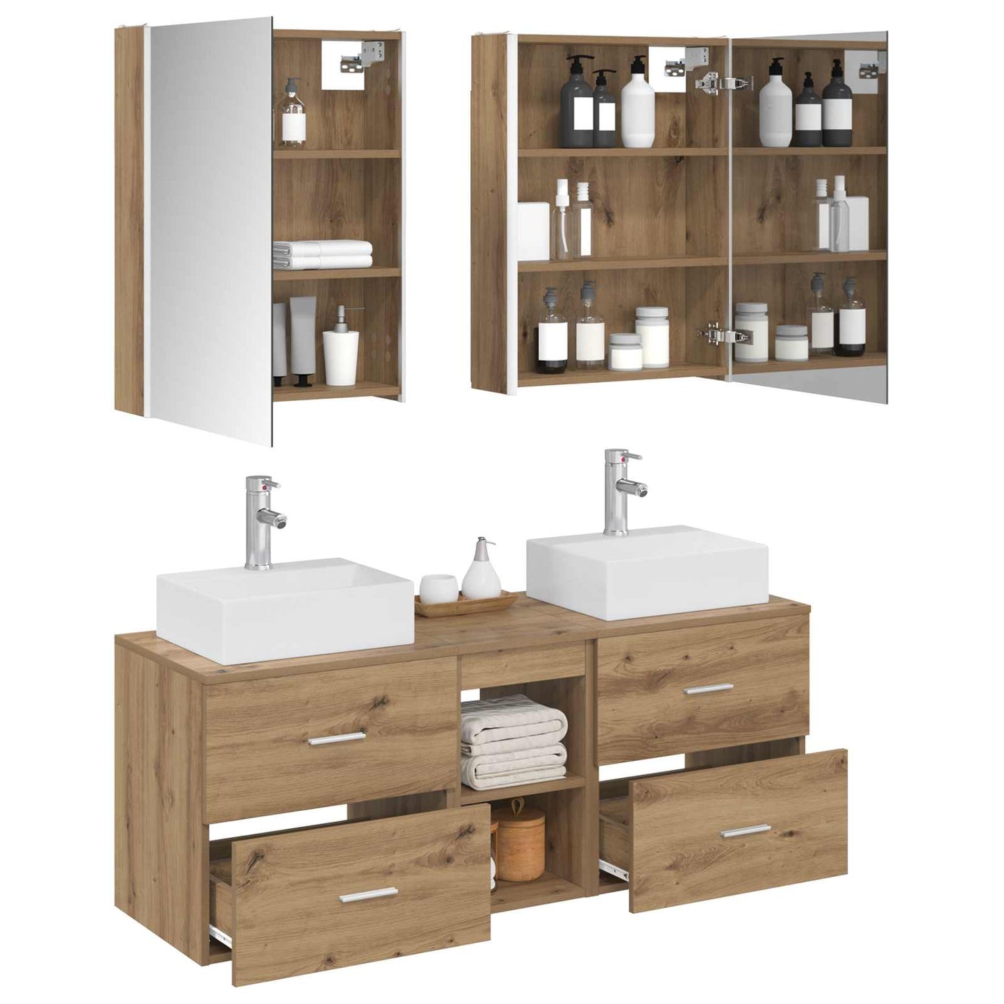 Badkamermeubelset 5 st Artisanaal eiken Bewerkt hout en glas is nu te koop bij PeponiXL, paradijselijk wonen!