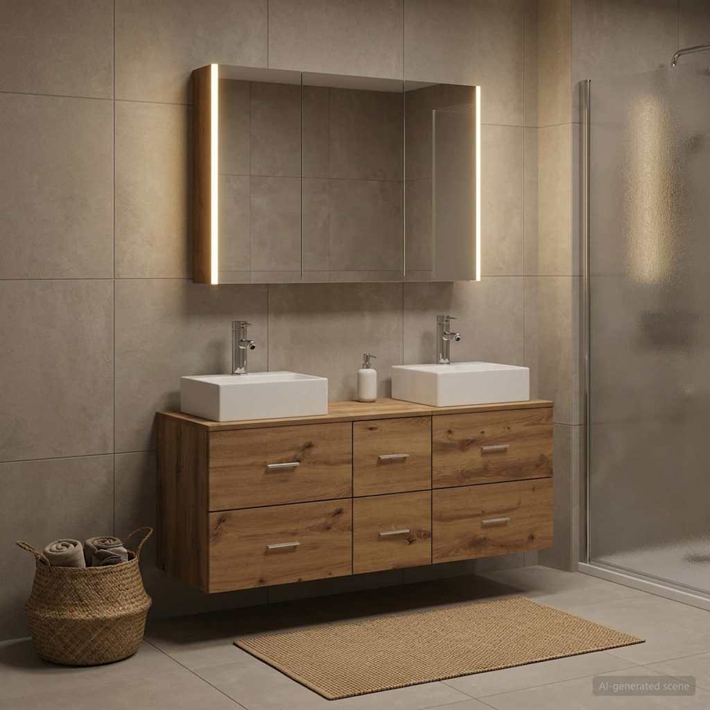 Badkamermeubelset 4 st Artisanaal eiken Bewerkt hout en glas is nu te koop bij PeponiXL, paradijselijk wonen!