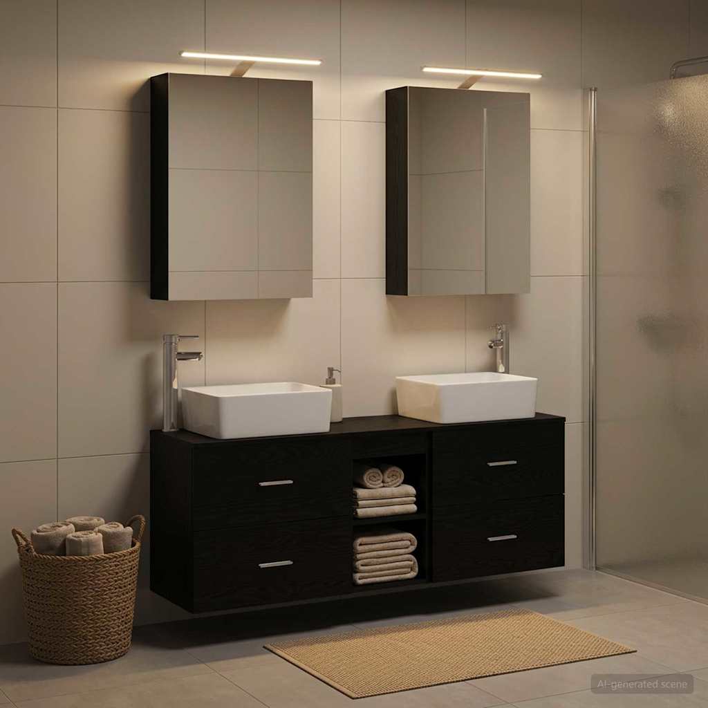 Badkamermeubelset 5 pcs Zwart eiken Bewerkt hout en glas is nu te koop bij PeponiXL, paradijselijk wonen!