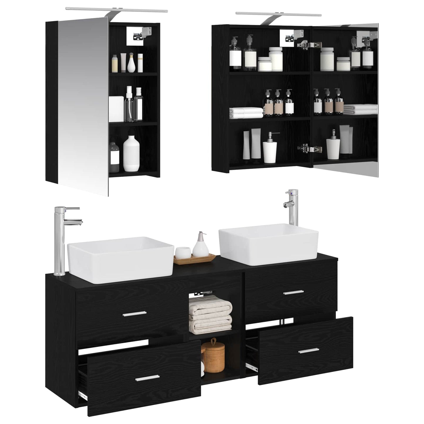Badkamermeubelset 5 pcs Zwart eiken Bewerkt hout en glas is nu te koop bij PeponiXL, paradijselijk wonen!