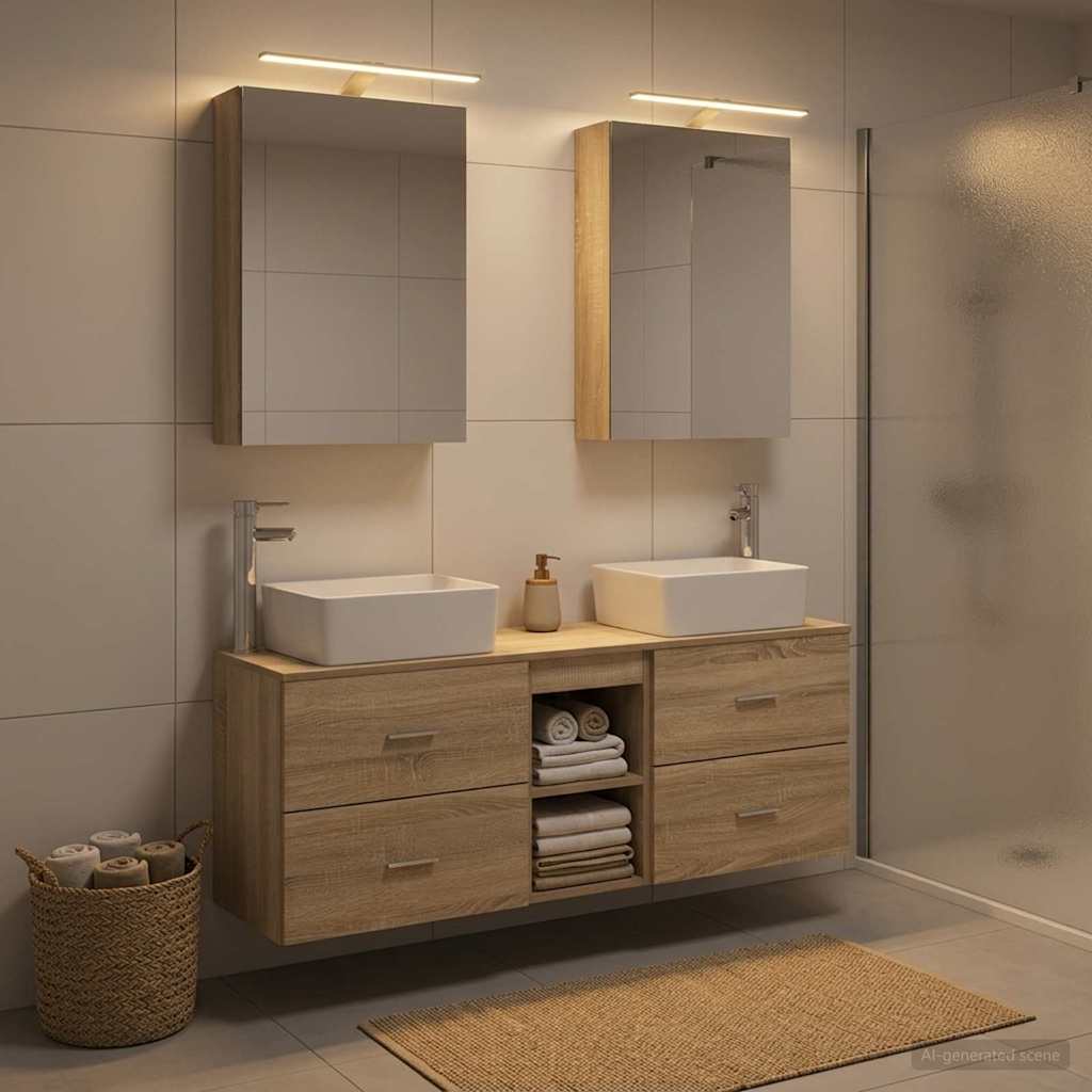 Badkamermeubelset 5 pcs Sonoma Eiken Bewerkt hout en glas is nu te koop bij PeponiXL, paradijselijk wonen!
