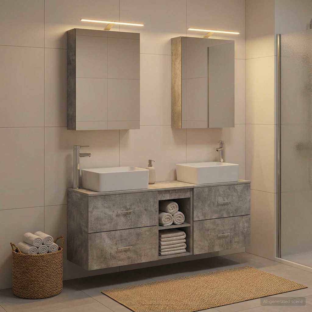 Badkamermeubelset 5 pcs Betongrijs Bewerkt hout en glas is nu te koop bij PeponiXL, paradijselijk wonen!